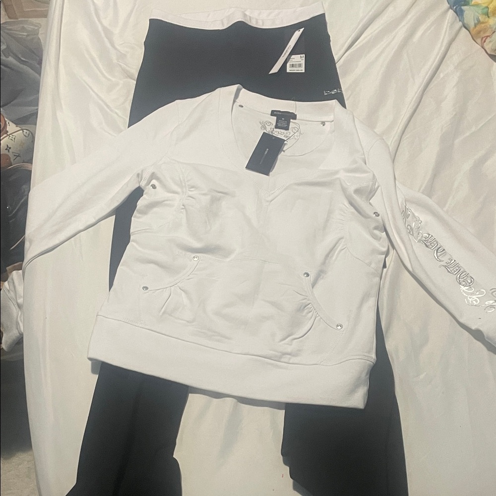 Bebe Black Leggings with White Waistband BCBG maxazria top  casual and elegant